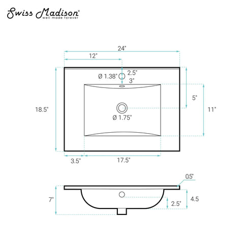Technical line drawing of the 24 Inch Ceramic Vanity Top Matte Black With Top Mount Sink Bowl Single Faucet Hole Scratch Resistant Non Porous Surface Easy Install For Modern Bathroom Remodel And Durable Daily Use