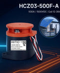 Heavy Duty High Power DC Contactor Rated At 1500 Volts And 500 Amps Hella Durable For Electric Vehicles, with orange top and multiple wires.