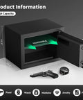 0.8 Cubic Foot Electronic Safe With Digital Keypad For Home Or Office, open, grey background, showing internal dimensions and storage options