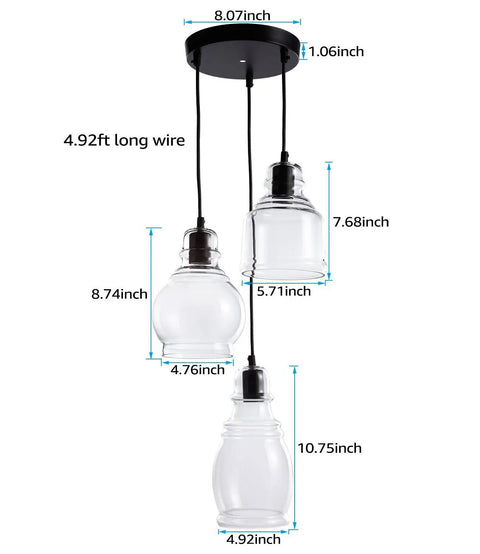 Cool Three Light Glass Pendant Cluster With Adjustable Height UL Listed For Kitchen Island Dining Room Bar Or Cafe Clear Glass Shades E26 Base Fits Three Up To 60W Bulbs, showing pendant dimensions and clear glass shades.