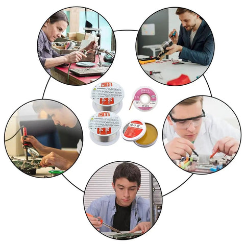 Image of Deluxe Soldering Kit Dual Pack with 0.6mm solder wire 1.76oz 50g and rosin flux paste 0.35oz 10g for electronics repair shown with people soldering.