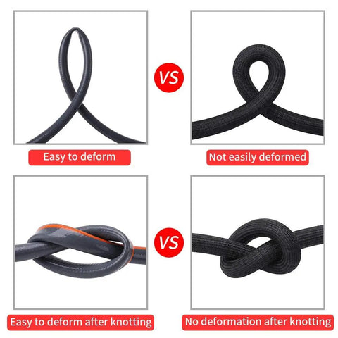 Comparison of hose flexibility and durability; two pack 0.8 foot garden hose extension flexible water hose connector with integrated PU spiral tube for hose reels RVs dehumidifiers and easy outdoor watering kink free.