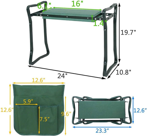 Garden Kneeler Bench With Well Cushioned Pad And Steel Frame All In One Portable Kneeling Pad With dimensions and tool pouch