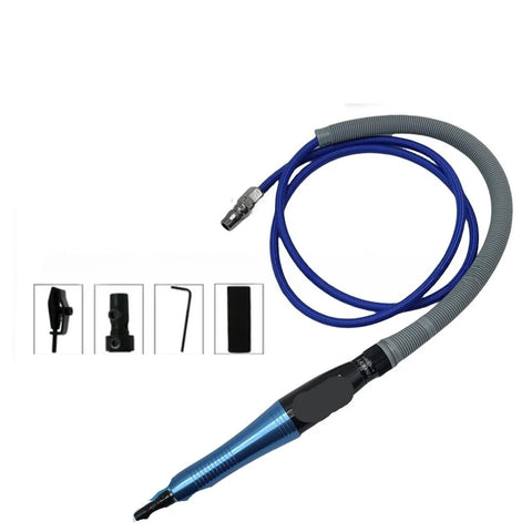 Badass Pneumatic Air Pencil Die Grinder With Hot Spin for precise metal engraving with blue and gray hose and attachments.