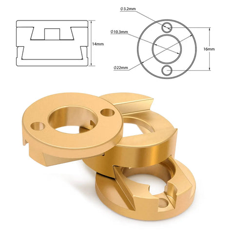 Diagram and photo of 2 Pack Brass Couplers For 3D Printer Z Axis T8 Lead Screw And Hotbed, highlighting CNC machining and dimensions.