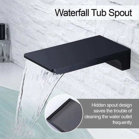 Roman Tub Filler Faucet With Waterfall Spout, matte black wall-mounted design, water flowing into bathtub