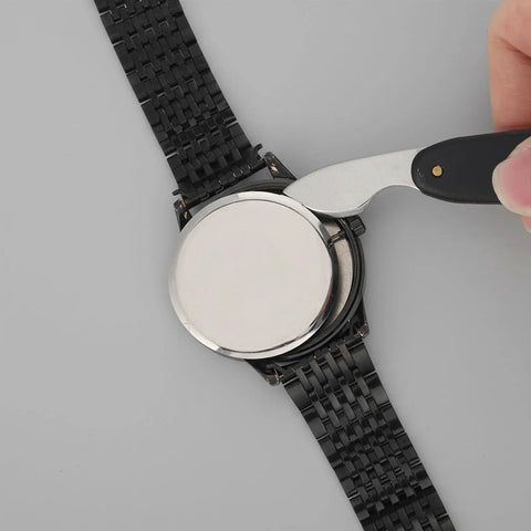 Pro Grade Watch Back Opener Tool And Case Knife With 20mm Fit Aluminum Handle Bezel Removal Tool in use on watch case
