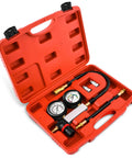 DNA Motoring TU-21 cylinder leak-down tester kit with dual gauges in red hard case and hoses.