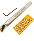 ASZLBYM 3/4 in lathe internal boring bar holder with indexable carbide turning insert; yellow insert storage case.