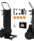 Sturdy Electric Stair Climbing Dolly With A Beefy 1500 Watt Motor Making No Sweat Moves On Steps For Quick Transport Of Appliances And Heavy Couches In Black with accessories.