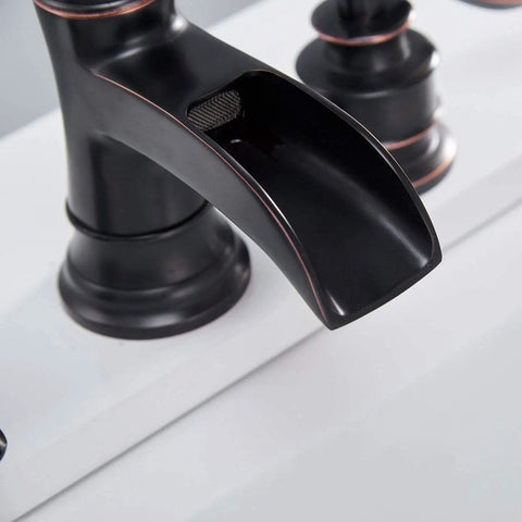 Widespread 8 Inch Two Handle Bathroom Faucet With Pop Up Drain Assembly Waterfall Style Oil Rubbed Bronze Finish close-up