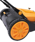 Walk Behind Floor Sweeper Featuring An Extra Wide 41 Inch Triple Brush Design showing orange wheels and durable build.