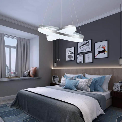 Two Ring LED Pendant Light With Adjustable Wires Dimmable Chandelier For Your Living Room Bedroom Kitchen Island And Dining Area 6000K Cool White Modern Silver Finish Dope Energy Saving Long Lifespan illuminating modern bedroom