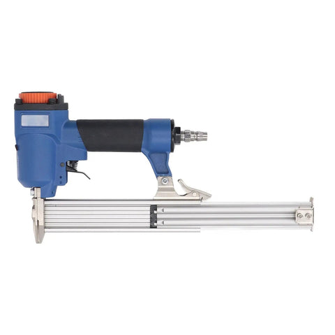 Pro Grade Pneumatic 18 Gauge Brad Nailer For Woodworking And Cabinet Building, side view showcasing trigger and rail assembly.
