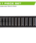 1/2 Inch Drive Deep Impact Socket Set Metric 10mm To 24mm, 11-Piece, Chrome Vanadium, Black Oxide Finish in a tray