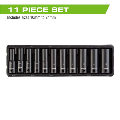 1/2 Inch Drive Deep Impact Socket Set Metric 10mm To 24mm, 11-Piece, Chrome Vanadium, Black Oxide Finish in a tray