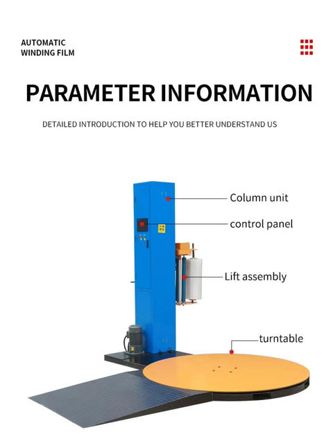 Heavy Duty Automatic Pallet Wrapping Machine With Wide Stretch Film Roll Wrapper, side view showing control panel and turntable.
