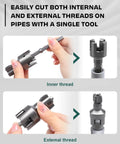 Vorhixa 2Pcs Pipe Threading Tool For Electric Drill demonstrating inner and external threading capabilities on pipes.