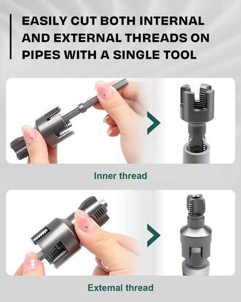 Vorhixa 2Pcs Pipe Threading Tool For Electric Drill demonstrating inner and external threading capabilities on pipes.