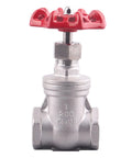 Gate valve, 2-inch stainless steel, red handwheel, front view