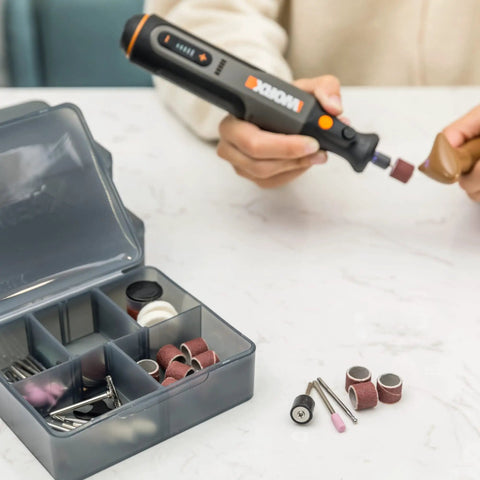 Person using 8V Cordless Rotary Tool With Internal Battery, Lightweight And Compact, Variable Speed Up To 28,000 RPM, Brushless Motor