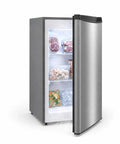 Dang Solid Upright Freezer 3.1 Cu Ft Single Door Vertical Deep Storage With Adjustable Shelves And Simple Mechanical Temp Control, open with food.