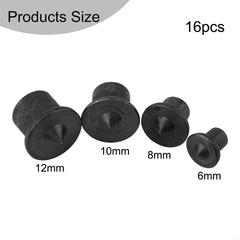Pro Grade 16 Piece Dowel Center Point Set showcasing 4 steel dowel centers in sizes 12mm, 10mm, 8mm, and 6mm for precise wood drill hole alignment.