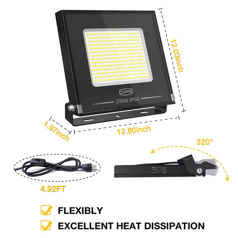 Beast 200W LED Flood Light Twin Pack With Plug 17500 Lumen Outdoor Security Lights IP66 with cable and bracket dimensions
