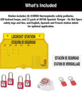 1482BP410 Covered Lockout Tagout Station With Four Zenex Thermoplastic Padlocks, yellow polycarbonate cabinet, includes safety tags and hasps