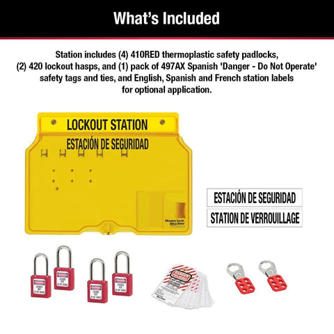 1482BP410 Covered Lockout Tagout Station With Four Zenex Thermoplastic Padlocks, yellow polycarbonate cabinet, includes safety tags and hasps