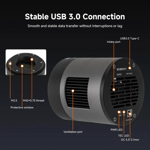 Deep Sky Imaging Kit With Off-Axis Guider For Astronomy APS-C Cooled Camera USB 3.0 connection details with intake and ports.