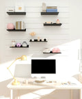 Heavy Duty Slatwall Shelves 6 Pack 12.5 Inch By 5 Inch Metal Wall Shelves For Garage, Retail, And Home Storage Black Finish Durable Steel Slat Wall Organizer Set installed in home office with various items displayed.
