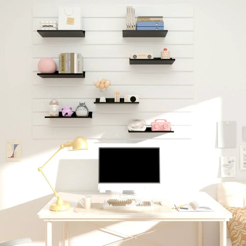 Heavy Duty Slatwall Shelves 6 Pack 12.5 Inch By 5 Inch Metal Wall Shelves For Garage, Retail, And Home Storage Black Finish Durable Steel Slat Wall Organizer Set installed in home office with various items displayed.
