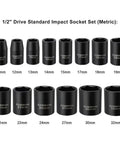 14 Piece One Half Inch Drive Shallow Impact Socket Set Metric 6 Point 11mm To 32mm Durable Chrome Vanadium With Black Oxide Finish