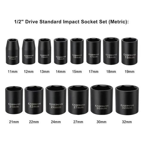 14 Piece One Half Inch Drive Shallow Impact Socket Set Metric 6 Point 11mm To 32mm Durable Chrome Vanadium With Black Oxide Finish