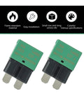 Pack of 2 green 30A auto reset DC circuit breakers for 12V to 14V vehicles, with alloy contacts, shown front view.