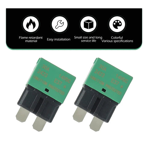 Pack of 2 green 30A auto reset DC circuit breakers for 12V to 14V vehicles, with alloy contacts, shown front view.