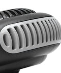 Close-up of Compact Portable Heater Pumping Out Kickin Warmth Indoors with dual temp settings. Black and gray design.