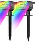 Solar Color Changing Outdoor Lights With 50 LED RGB Spots IP67 Waterproof Landscape Lighting For Yard Garden Patio Auto Color Cycle And Fixed Modes Great For Halloween And Christmas Decor 2 Pack shown with rainbow LED effect.