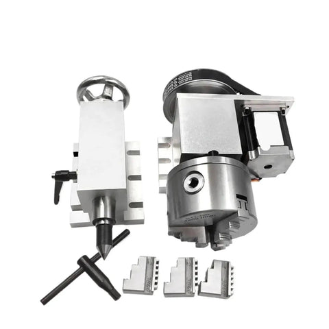 Tough As Nails Cnc Fourth Axis Rotary Table With K11 Three Jaw Chuck And Mt2 Tailstock showing parts and accessories for precision machining.