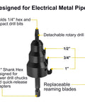 Valkynos conduit reamer tool with detachable rotary bit and replaceable blades for 1/2, 3/4, and 1 inch conduit
