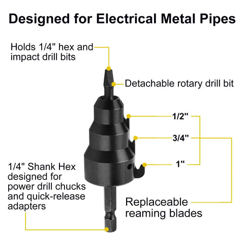Valkynos conduit reamer tool with detachable rotary bit and replaceable blades for 1/2, 3/4, and 1 inch conduit