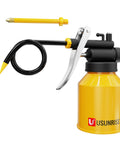 Yellow dual spout metal pump oiler with flexible and straight spouts for cars, bikes, and machinery lubrication.