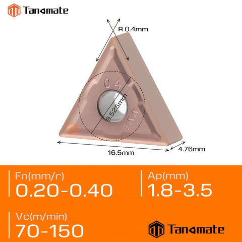 Front view of Tanomate TNMG331/TNMG160404 carbide turning insert, triangular, gold color, 9.525 mm center hole, 16.5 mm wide, 4.76 mm thick