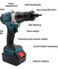21V Cordless Electric Rivet Nut Gun Kit With Automatic Precision Fastening For M3 To M12 Sizes showing gear adjustment and lithium battery.