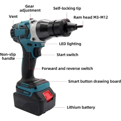 21V Cordless Electric Rivet Nut Gun Kit With Automatic Precision Fastening For M3 To M12 Sizes showing gear adjustment and lithium battery.