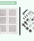 60 By 96 Inch Preassembled Three Lite Frosted Glass Bifold Barn Door With 64 Inch Track Kit contents including white door and hardware