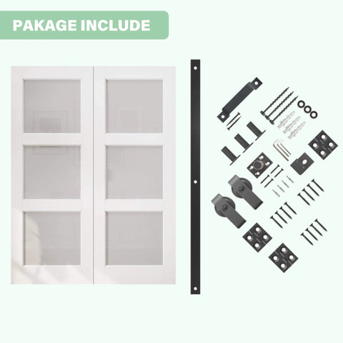 60 By 96 Inch Preassembled Three Lite Frosted Glass Bifold Barn Door With 64 Inch Track Kit contents including white door and hardware