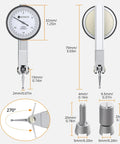 Dial Test Indicator Set With Magnetic Base, 0-0.03 Inch Travel And 0.0005 Inch Precision, depicting dimensions and components.