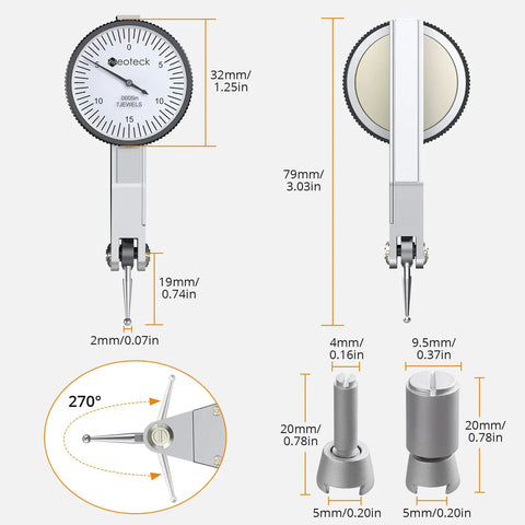 Dial Test Indicator Set With Magnetic Base, 0-0.03 Inch Travel And 0.0005 Inch Precision, depicting dimensions and components.